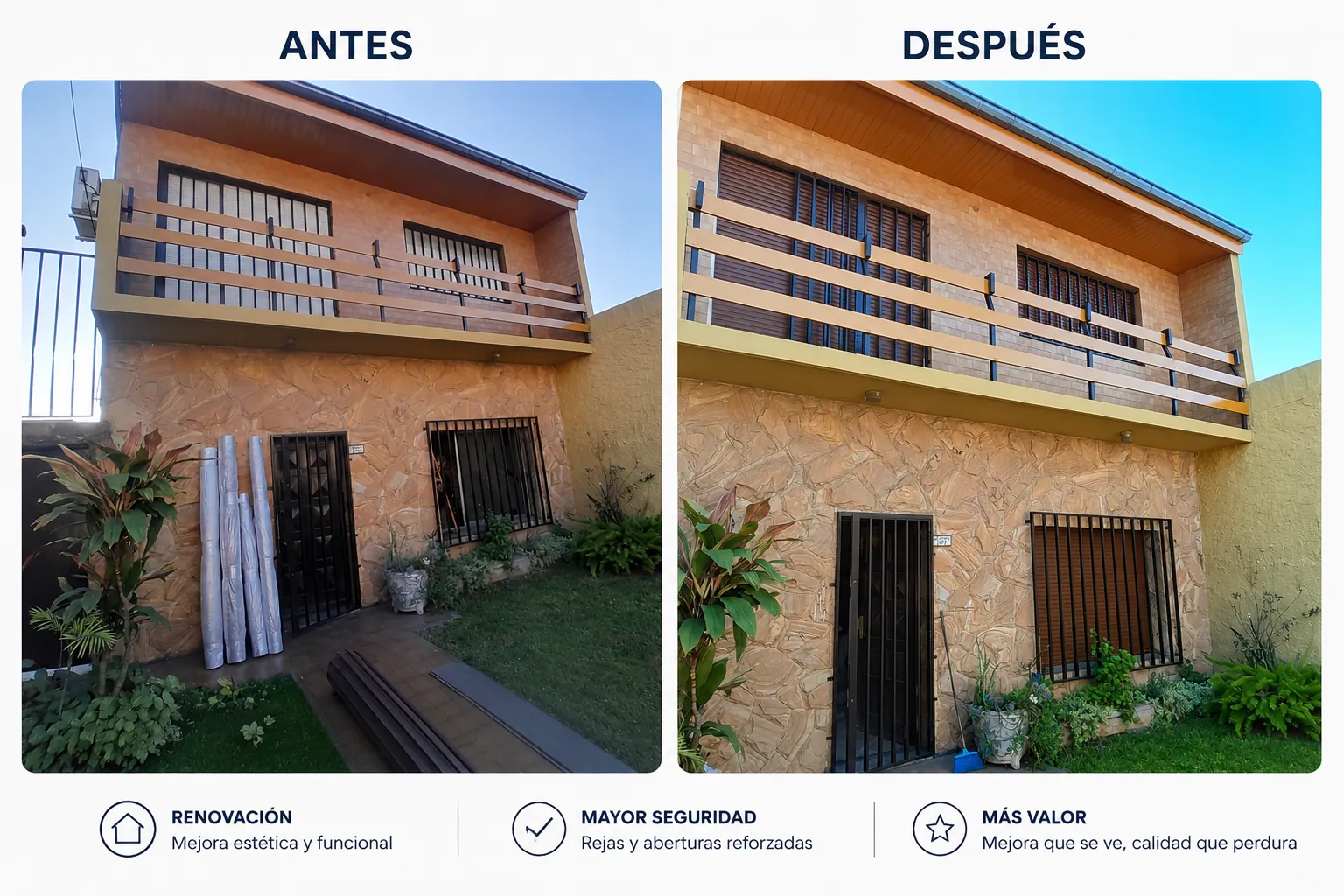 Restauración de rejas de balcón de madera en una casa de Morón: antes y después